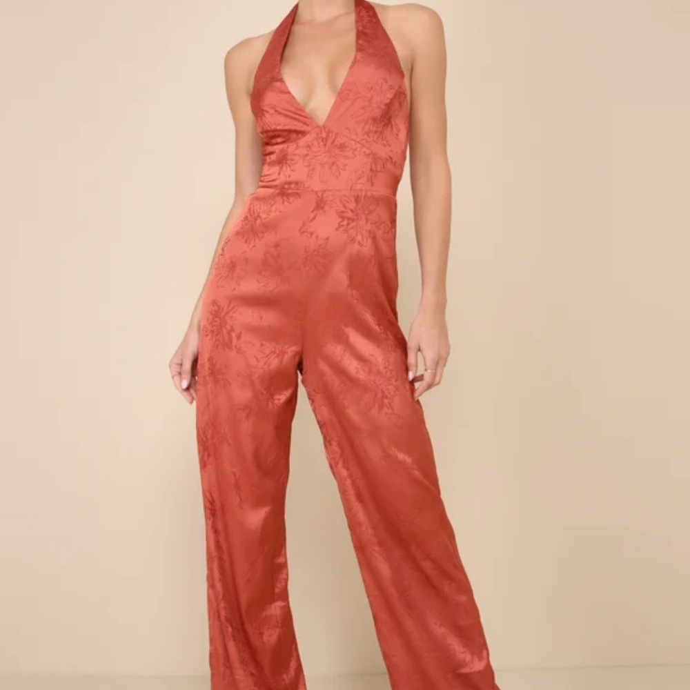 Lulu's Brown Halter Jumpsuit with Wide-Leg Design